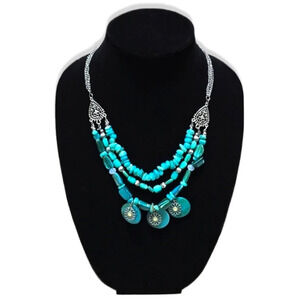 NEW Blue Turquoise Multi Strand Tiered Statement Necklace, Boho, Southwestern